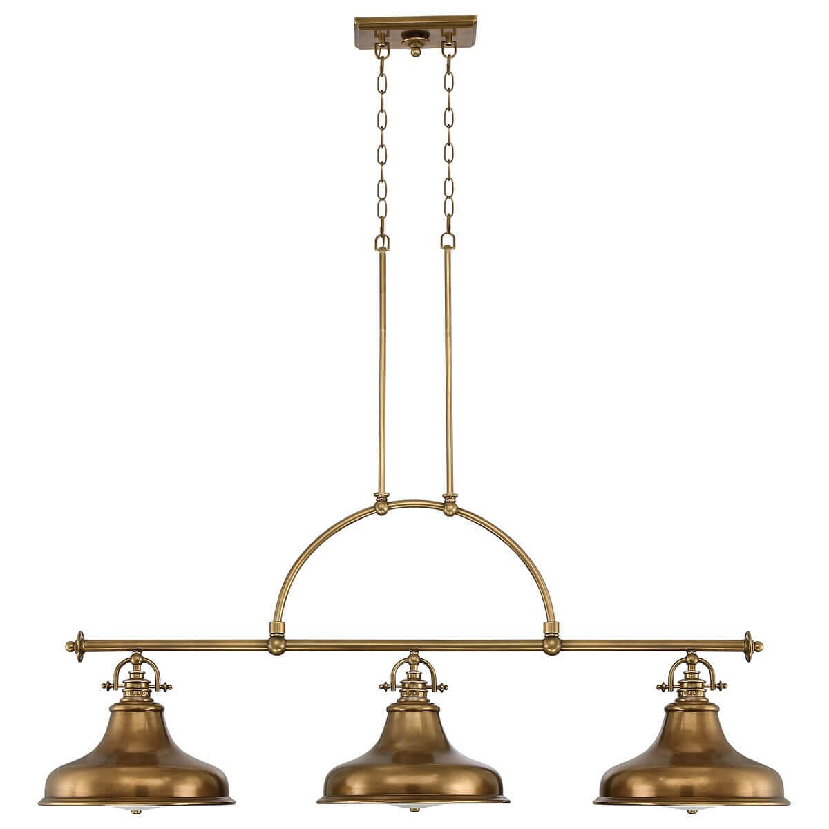 Luminaire suspendu trois lumières vu de face avec bras horizontal et arche centrale.