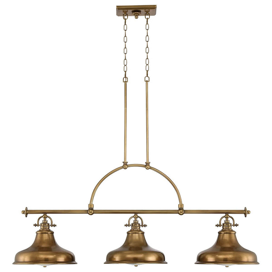 Luminaire suspendu trois lumières vu de face avec bras horizontal et arche centrale.