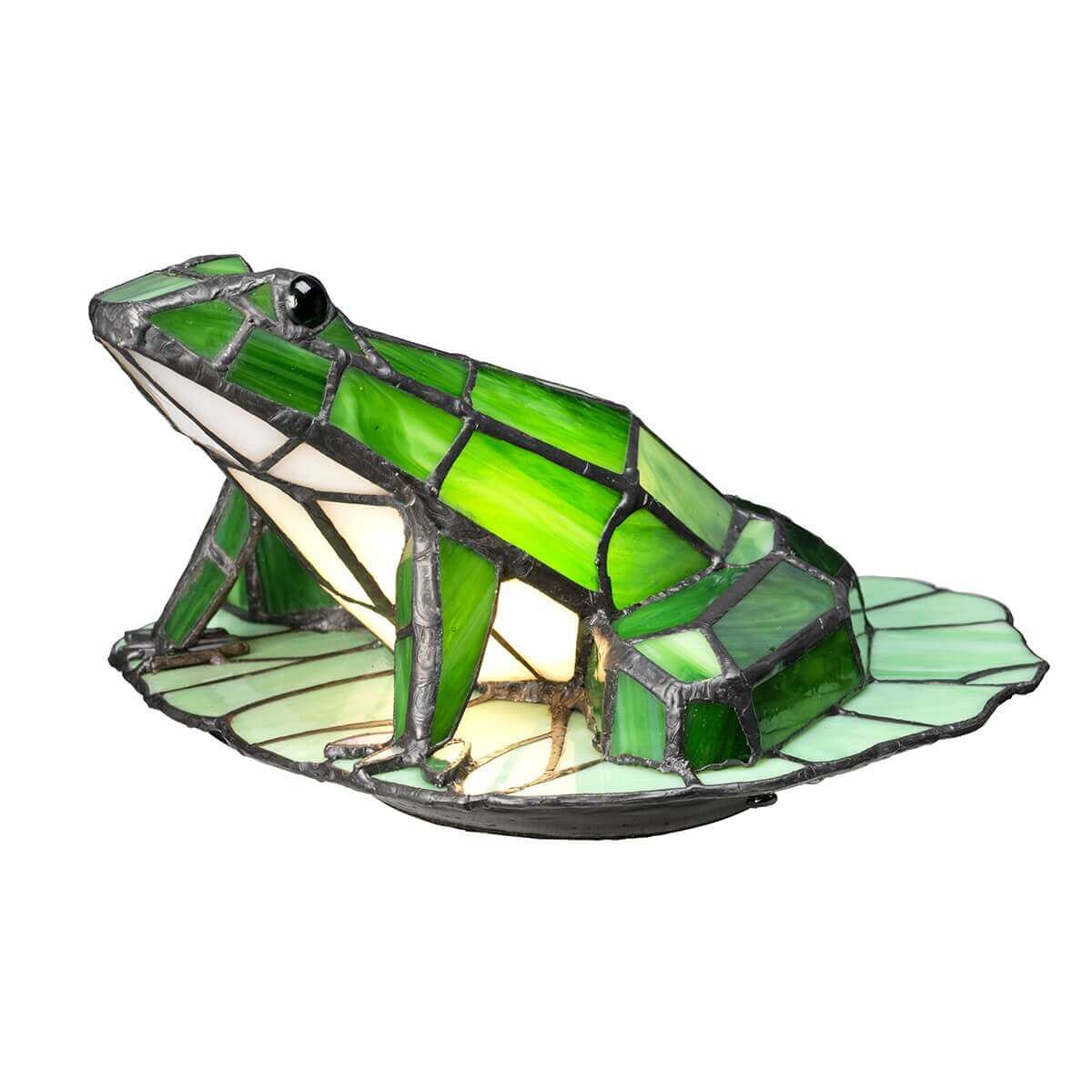 Lampe à poser Tiffany en forme de grenouille sur feuille, vue de trois quarts
