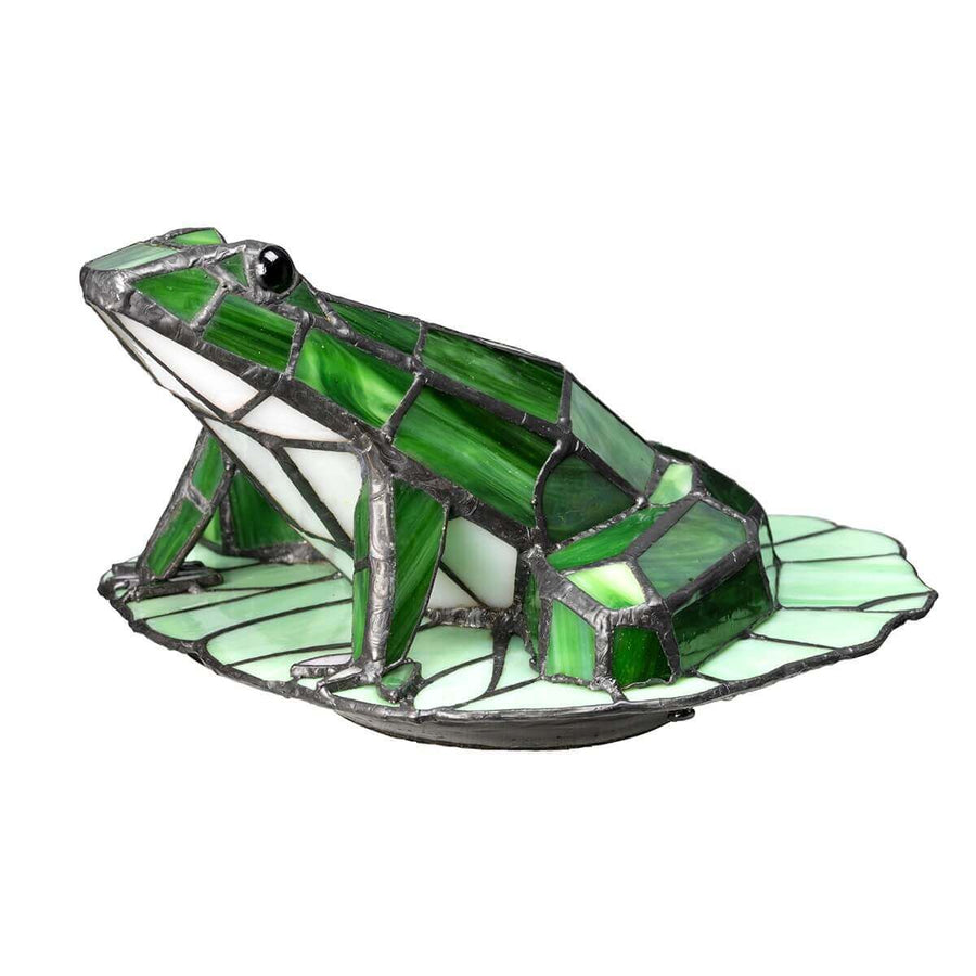 Même grenouille en verre vert et blanc éclairée de l'intérieur, angle légèrement différent