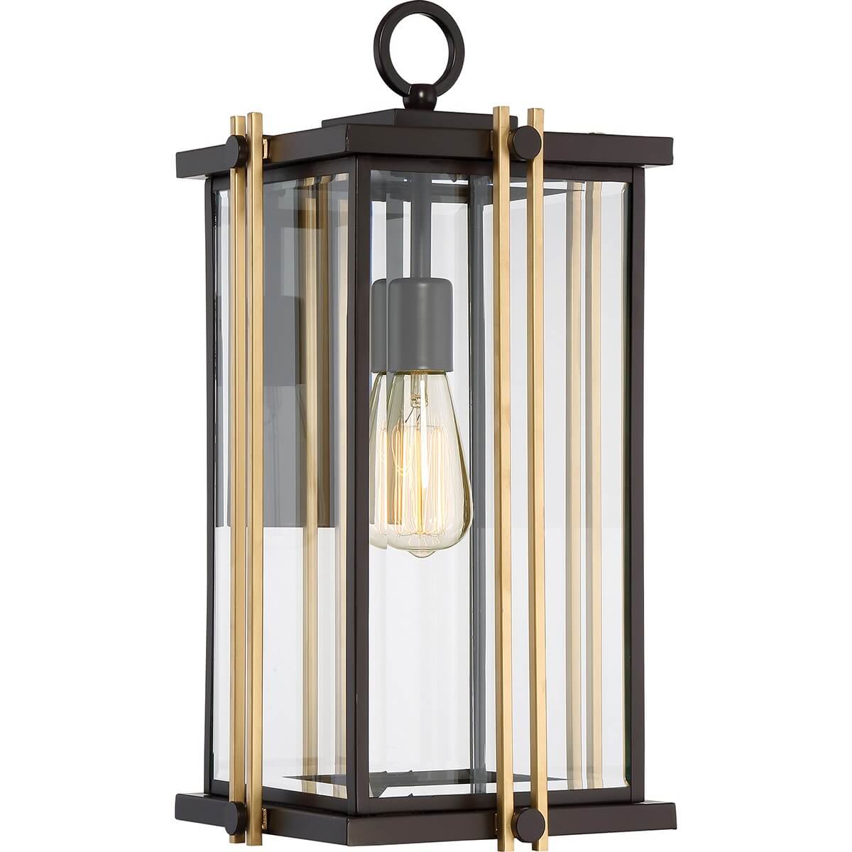 Vue de face du luminaire complet, verre transparent et ampoule allumée