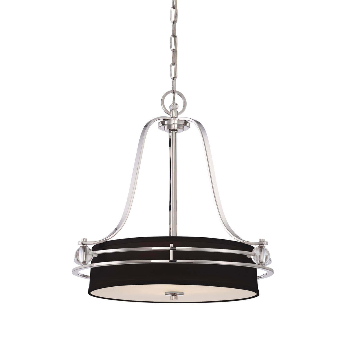 Vue de face du luminaire suspendu argenté avec abat-jour tambour noir et quatre lumières