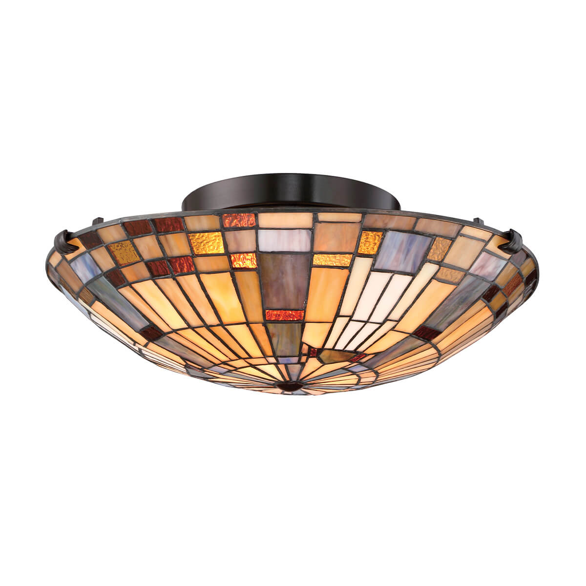 Plafonnier vitrail Tiffany vu de face, abat-jour bombé en verre coloré et monture bronze