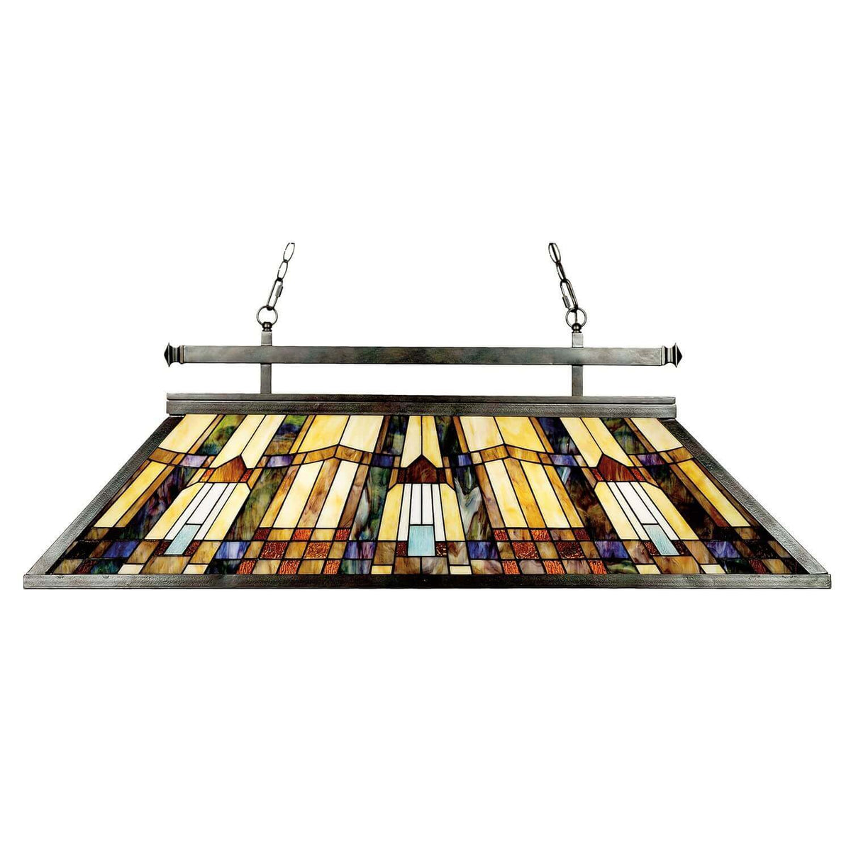 Lustre suspendu en verre teinté avec motif géométrique multicolore et structure en bronze.