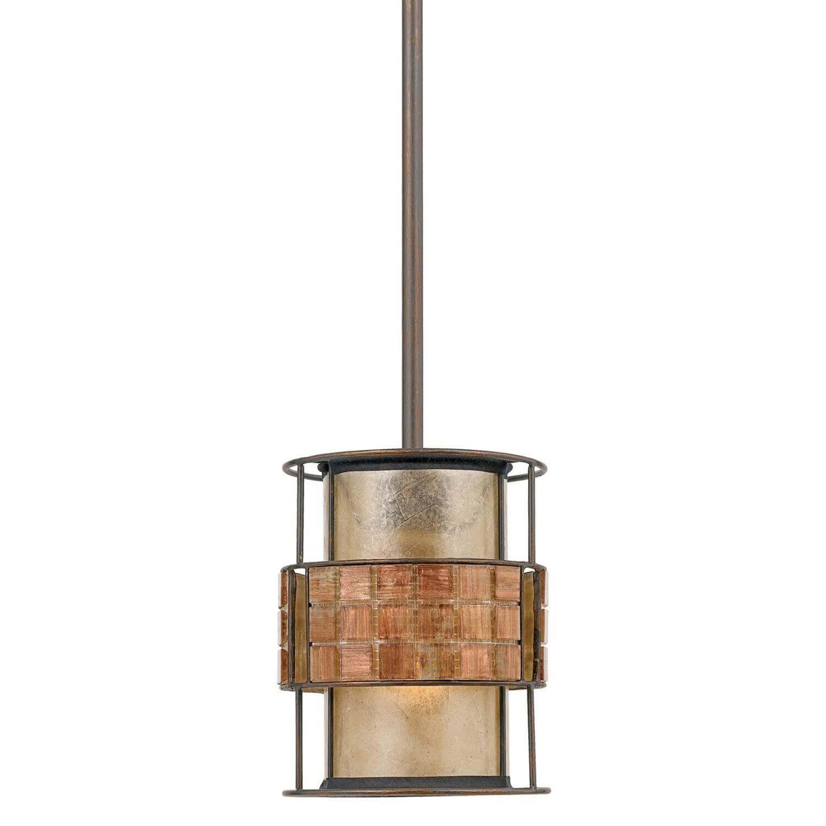 Suspension cylindrique en verre et métal cuivré avec cage et bandeau tressé.