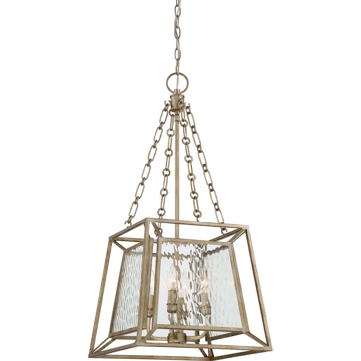 Suspension lanterne en cage dorée vieillie avec verre martelé, vue de face
