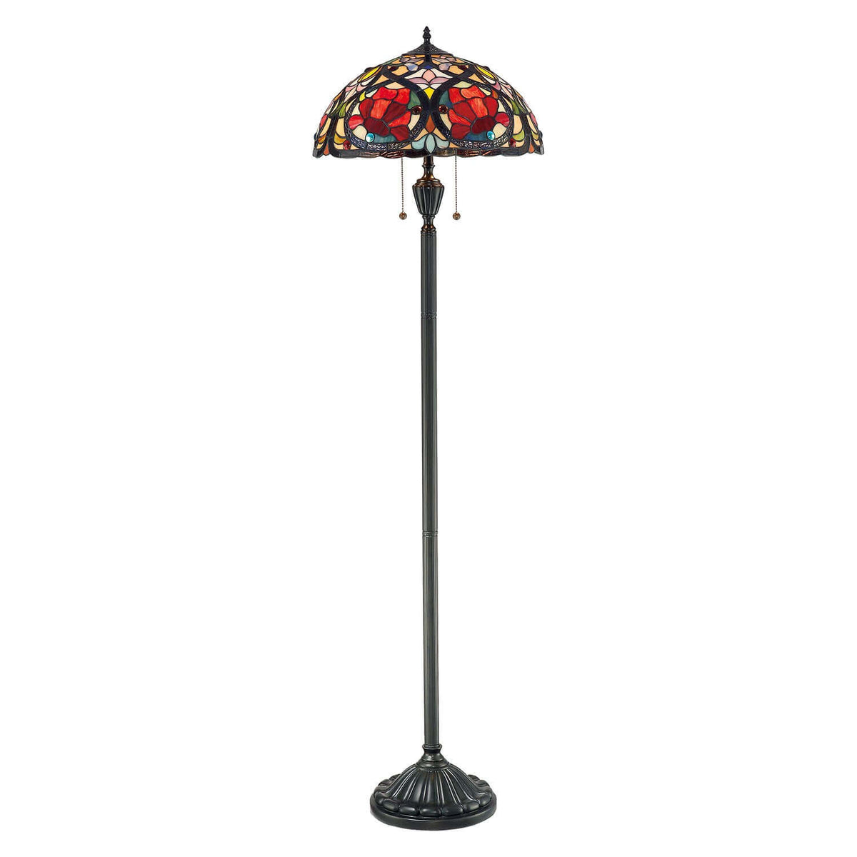 Lampadaire complet de face, abat-jour en vitrail floral et pied bronze