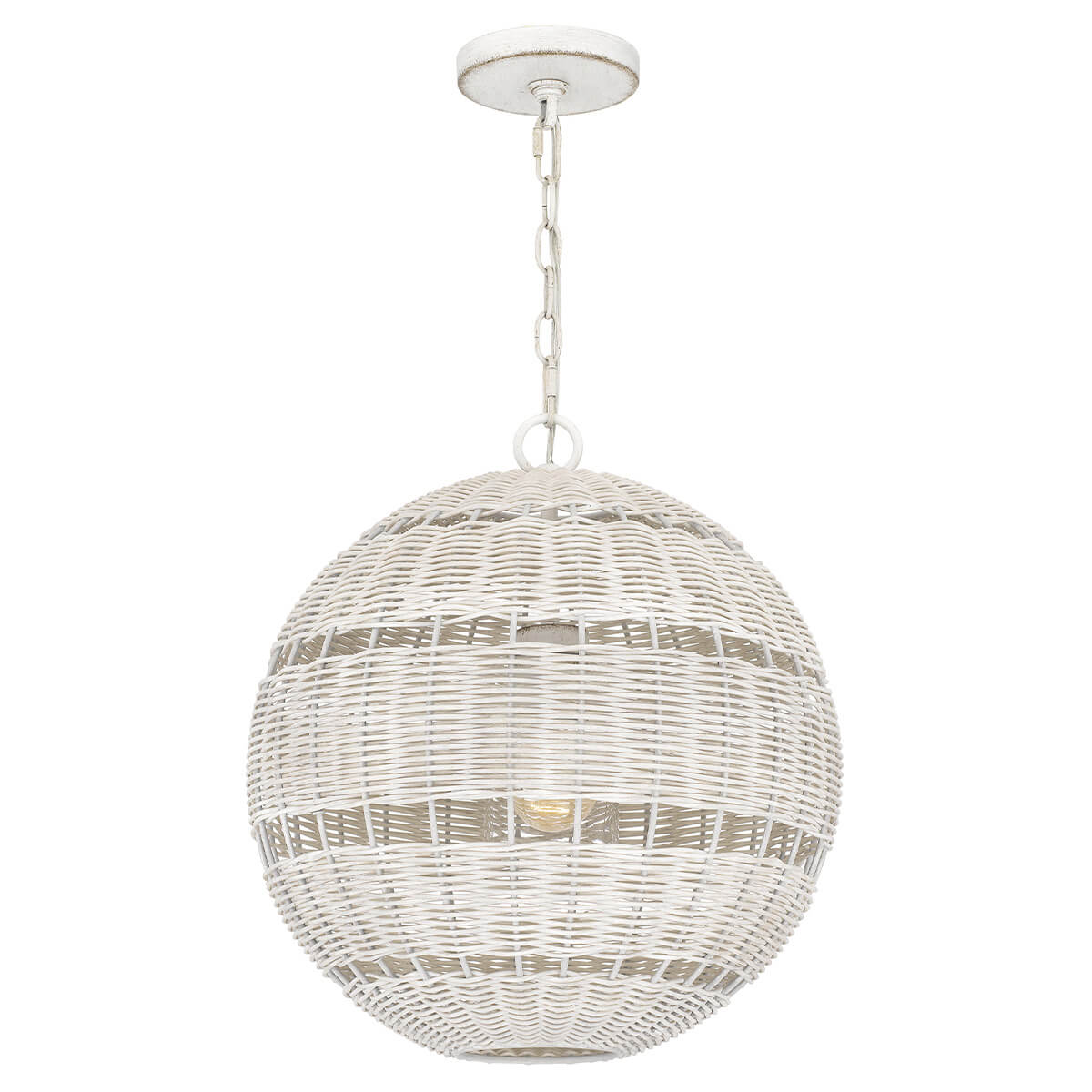 Vue de face d'une suspension sphérique en rotin tressé blanc, fond neutre.