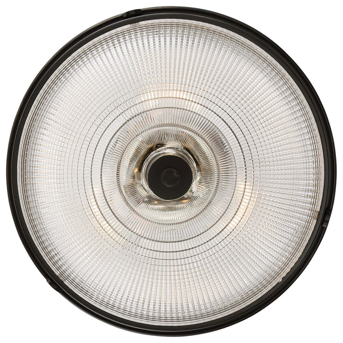 Vue par-dessous du plafonnier dévoilant le verre strié et la finition centrale bronze.