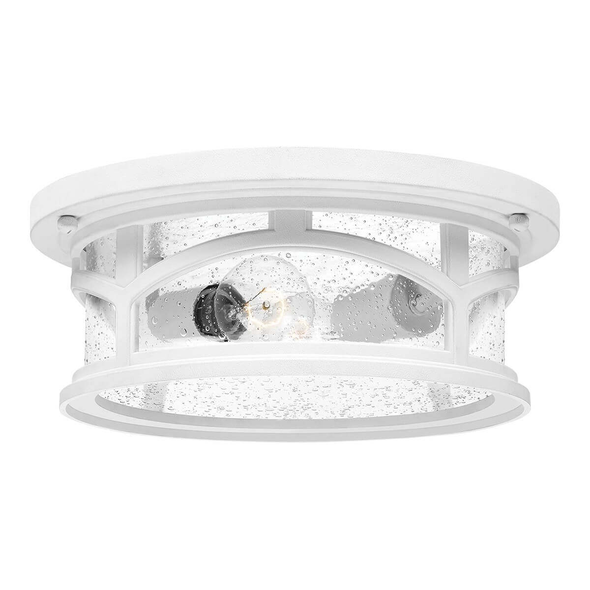 Plafonnier rond blanc vu de face, verre moucheté et armature ajourée.