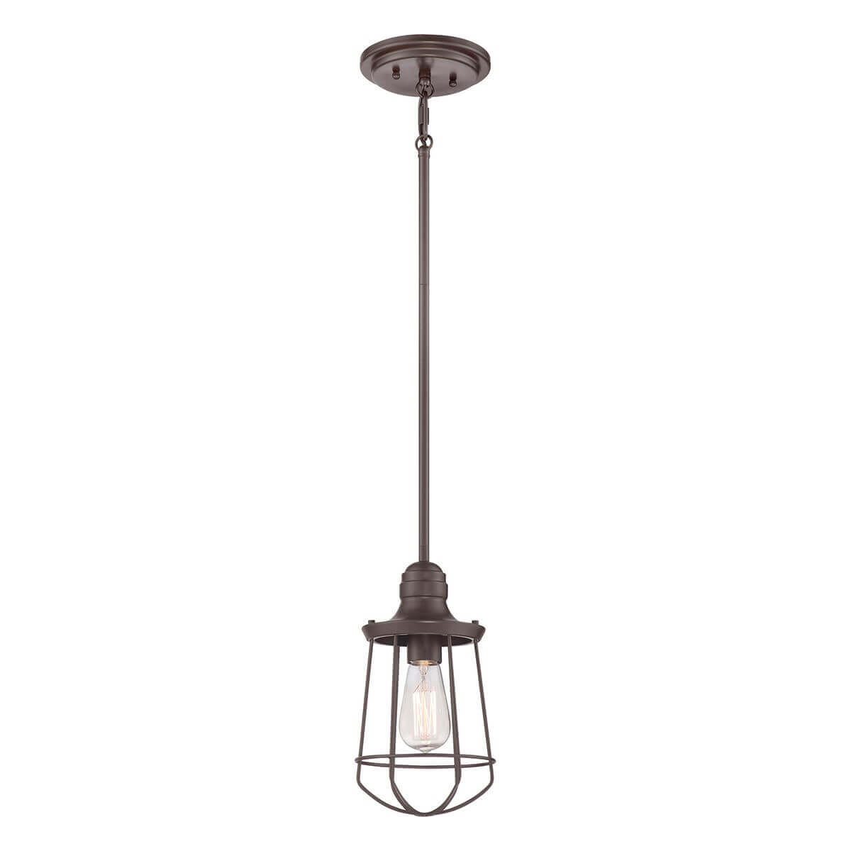 Suspension complète en bronze avec cage métallique et ampoule transparente sur fond blanc
