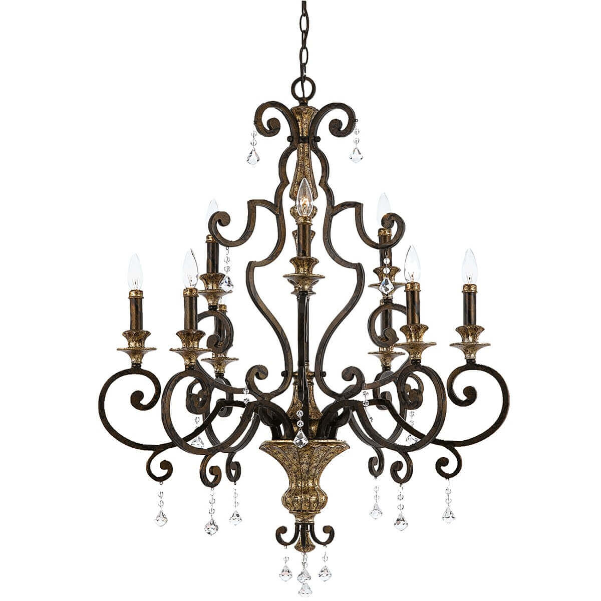 Lustre neuf lumières vue de face, structure métal bronze et cristaux suspendus