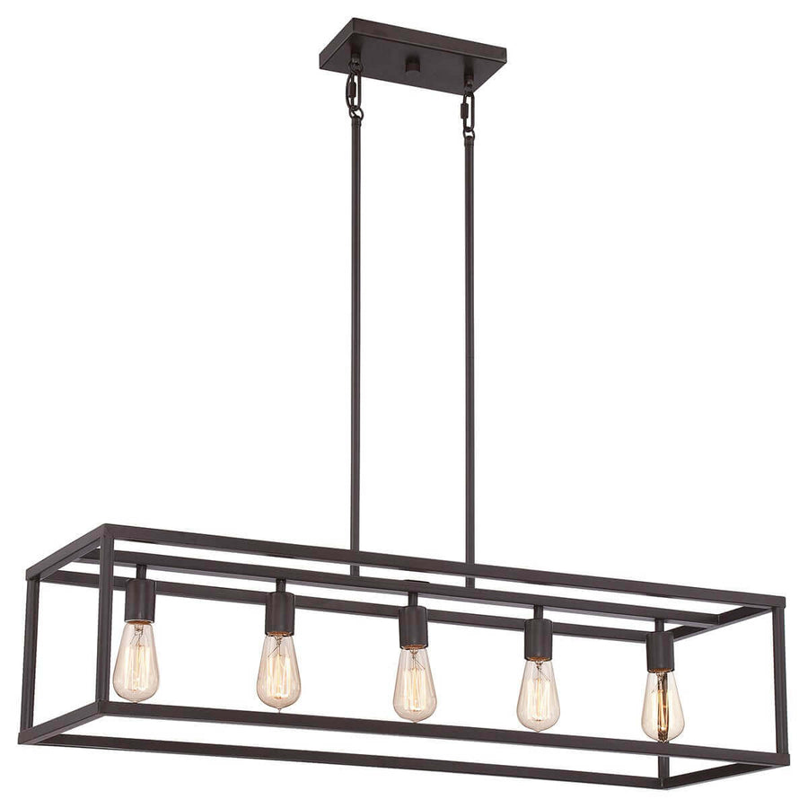 Lustre rectangulaire bronze à cinq ampoules, vue de face sur fond blanc