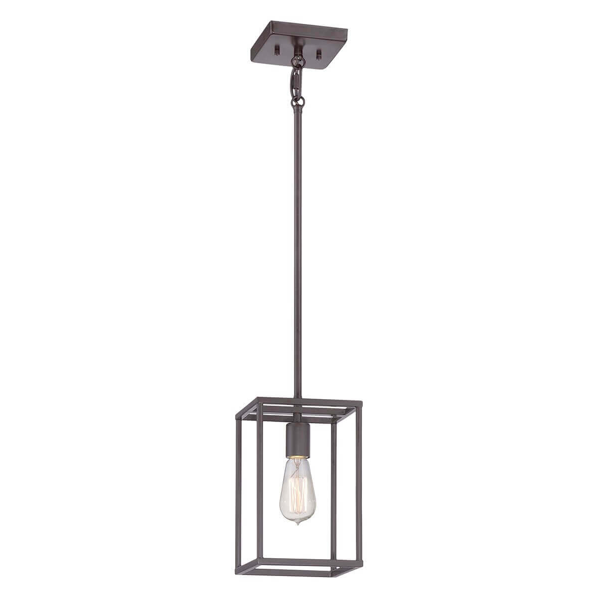 Suspension bronze avec abat-jour rectangulaire ajouré et ampoule Edison, vue de face