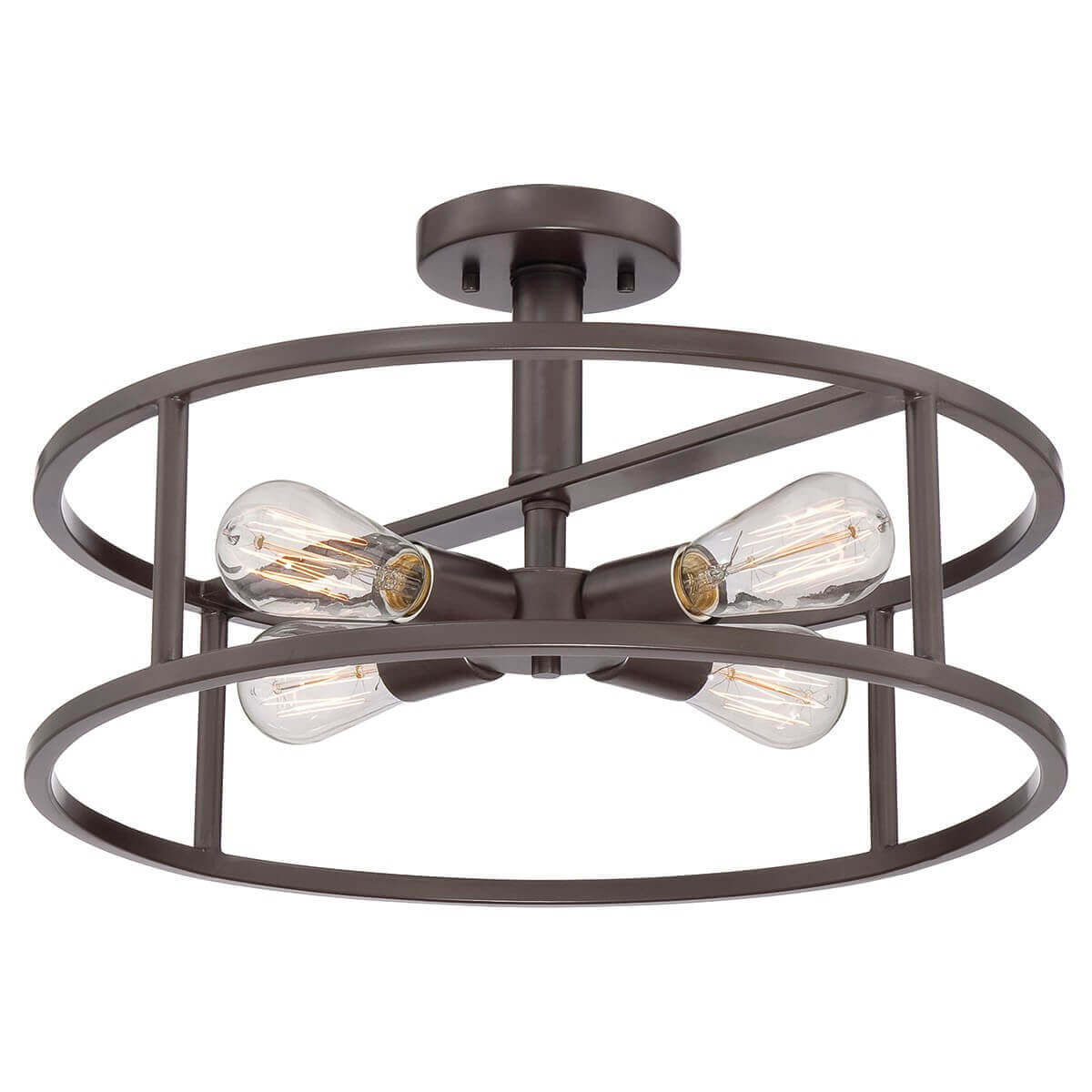 Plafonnier cage circulaire en métal bronze avec quatre ampoules Edison apparentes