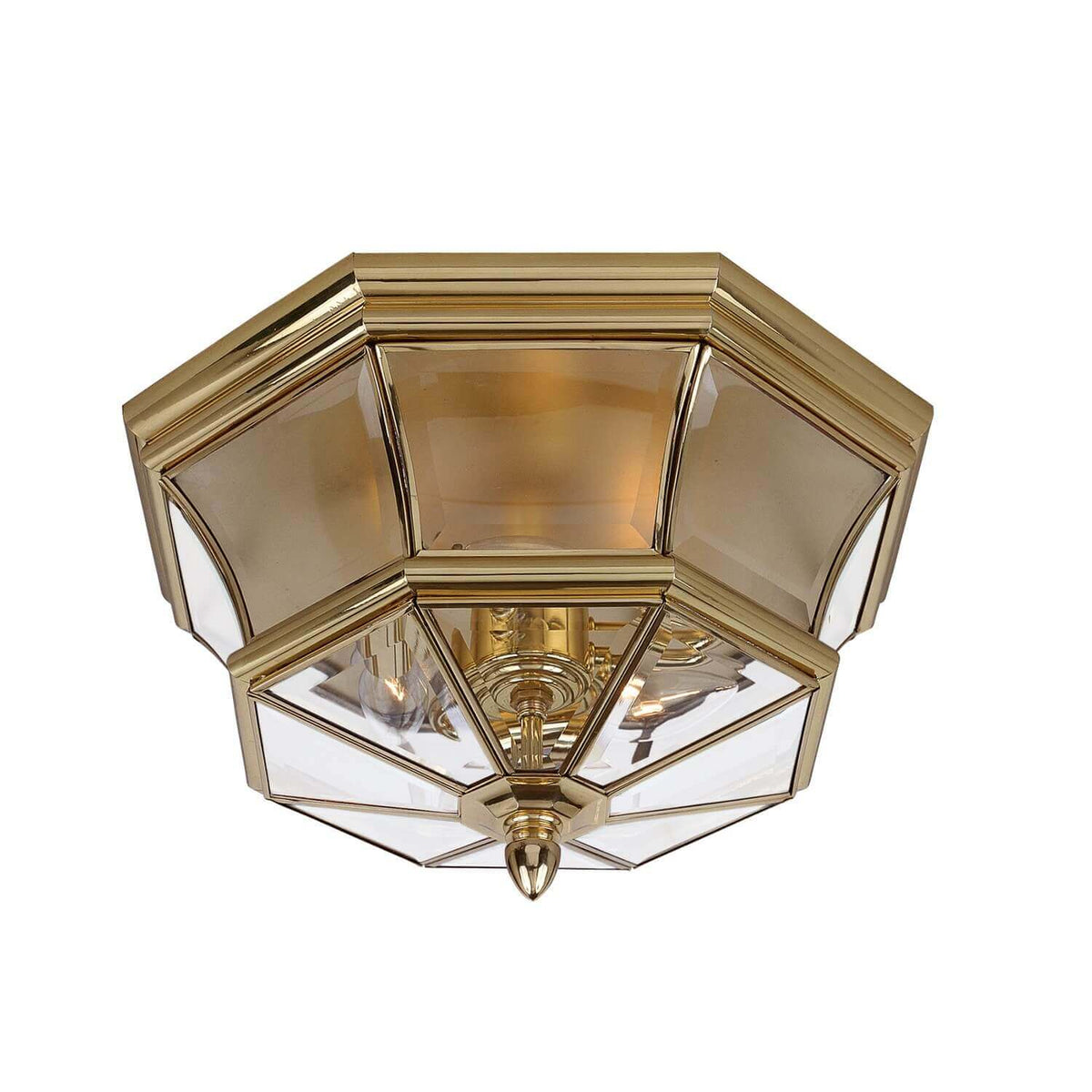 Plafonnier extérieur octogonal en laiton poli et verre biseauté, vue de dessous