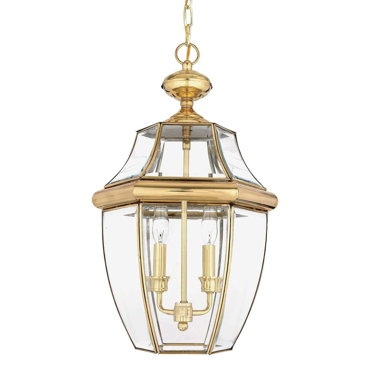 Suspension lanterne en laiton poli et verre transparent, vue de face sur fond blanc