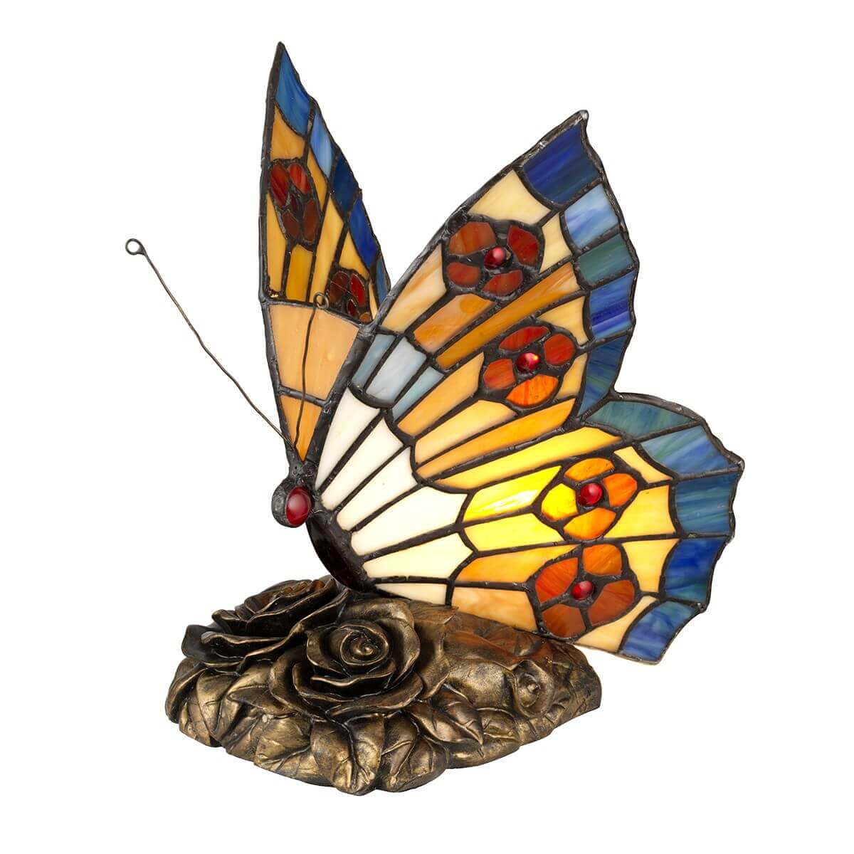 Lampe à poser Tiffany papillon en verre coloré, vue de trois quarts sur fond blanc