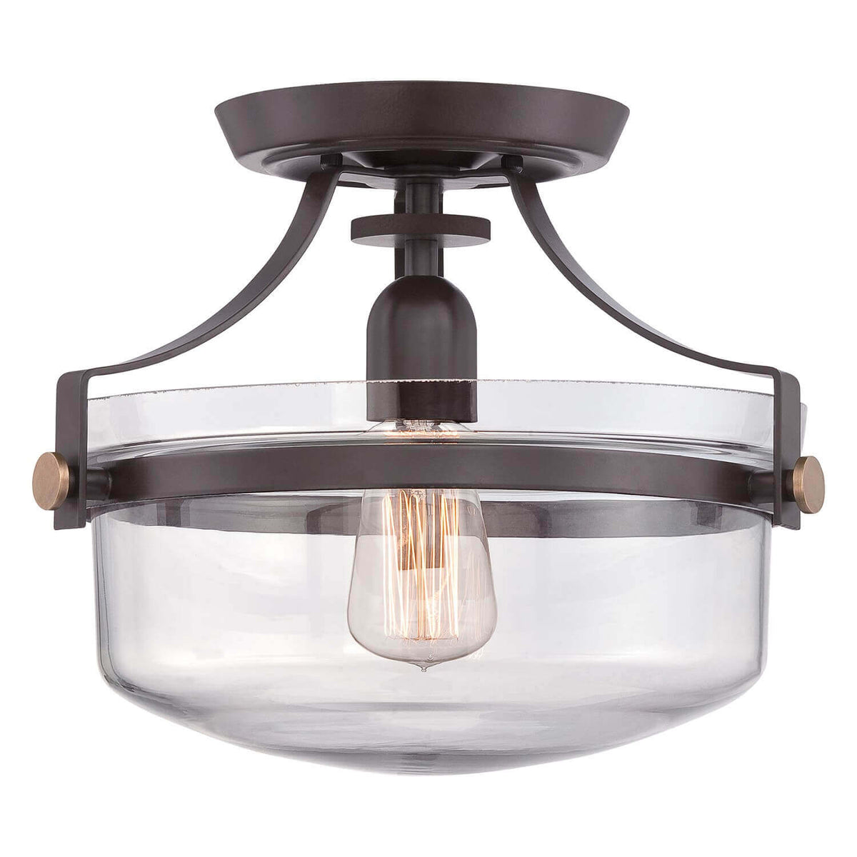 Plafonnier complet vu de face, vasque en verre transparent et structure bronze
