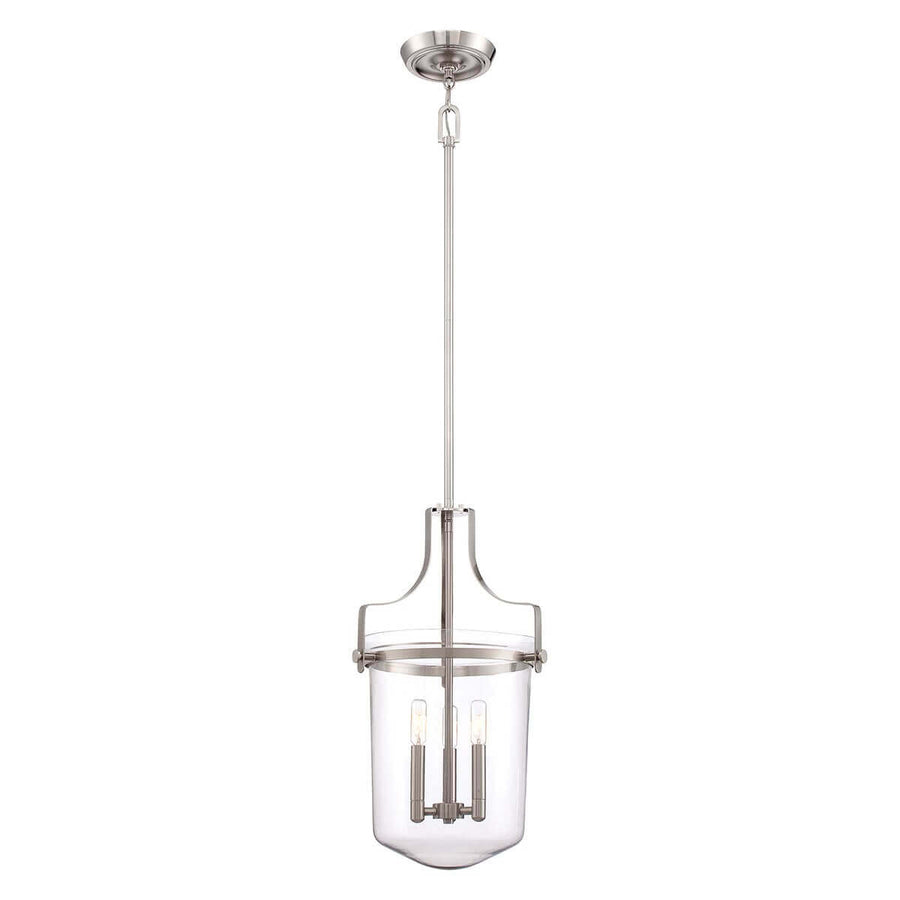 Suspension en nickel satiné avec abat-jour en verre transparent et trois ampoules apparentes.