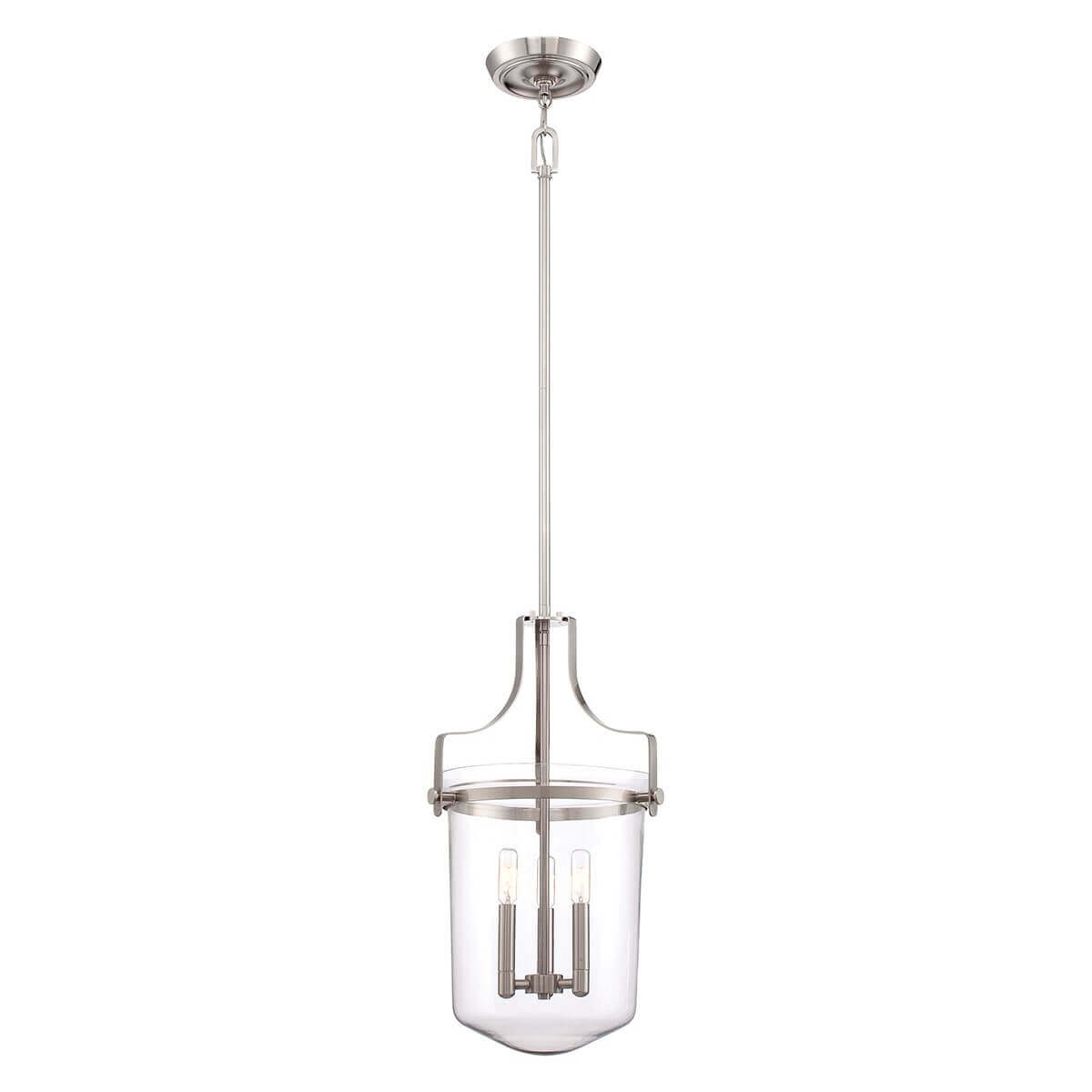 Suspension en nickel satiné avec abat-jour en verre transparent et trois ampoules apparentes.