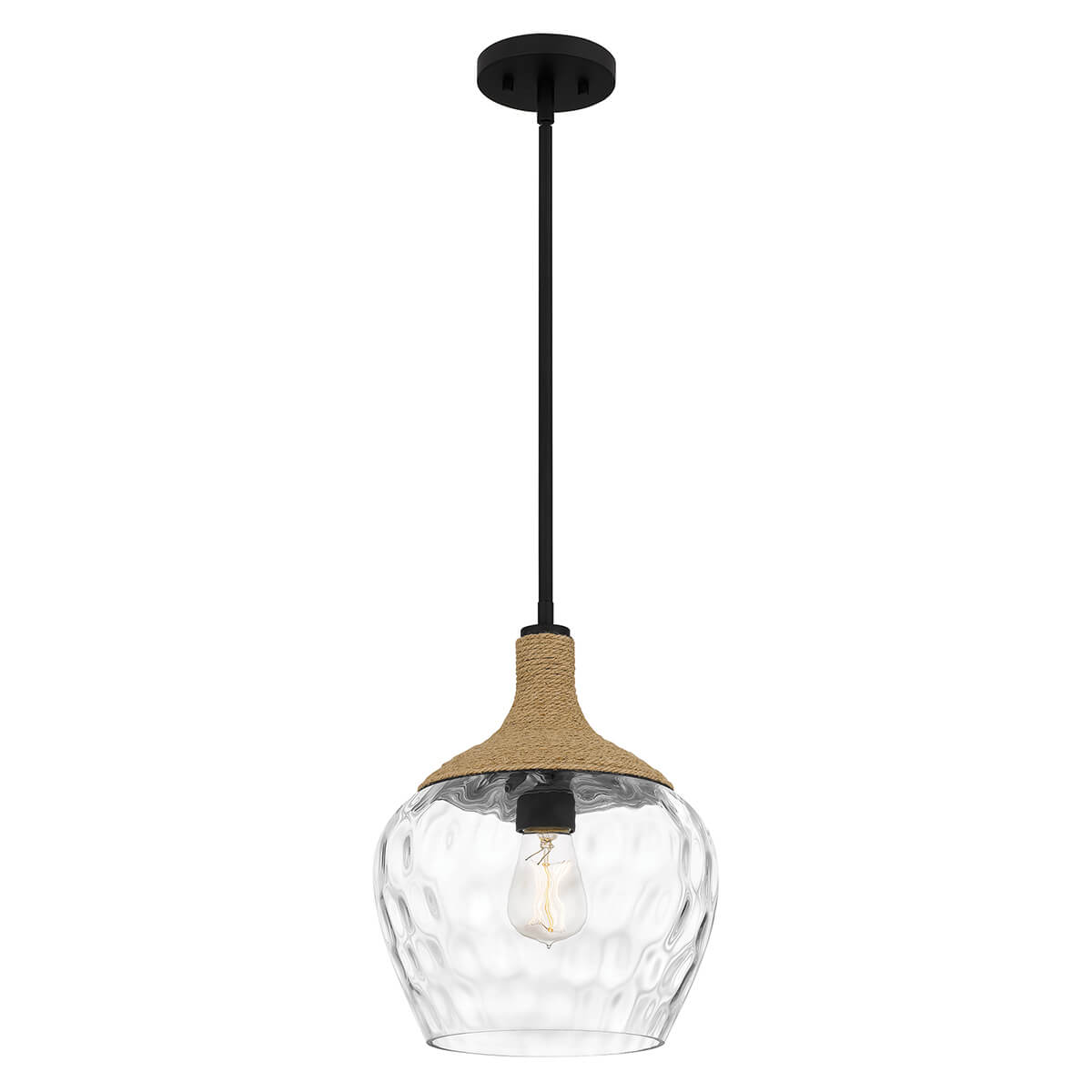 Suspension complète vue de face sur fond blanc, verre transparent et corde tressée