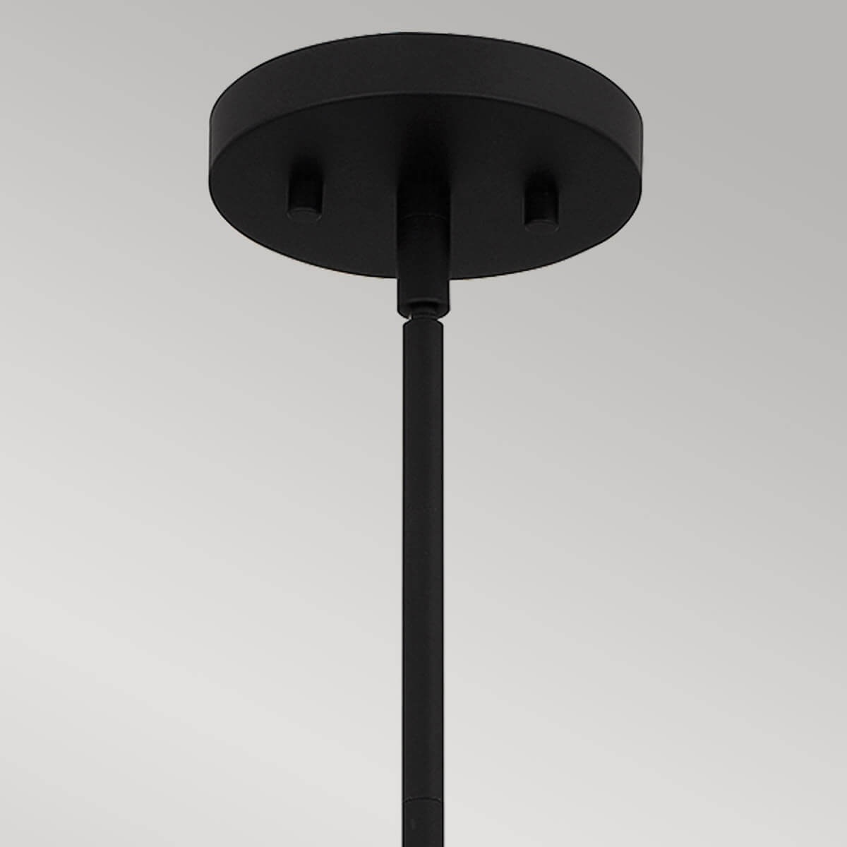 Détail de la rosace ronde en métal noir fixée au plafond avec vis apparentes