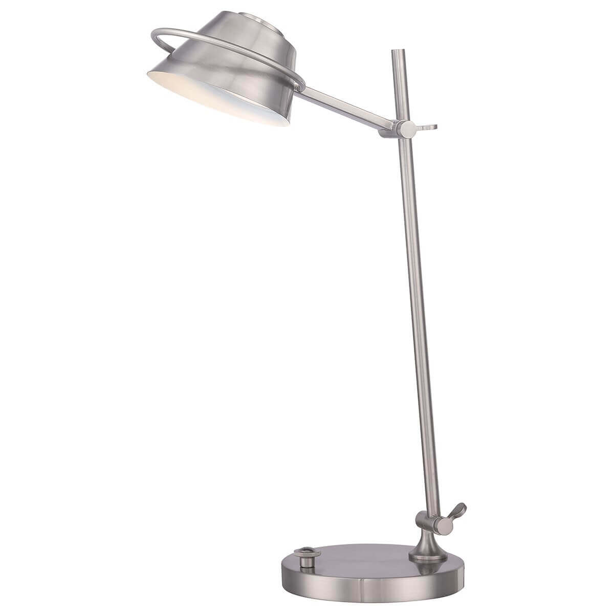 Lampe à poser de face, abat-jour conique orientable et bras réglable en nickel satiné