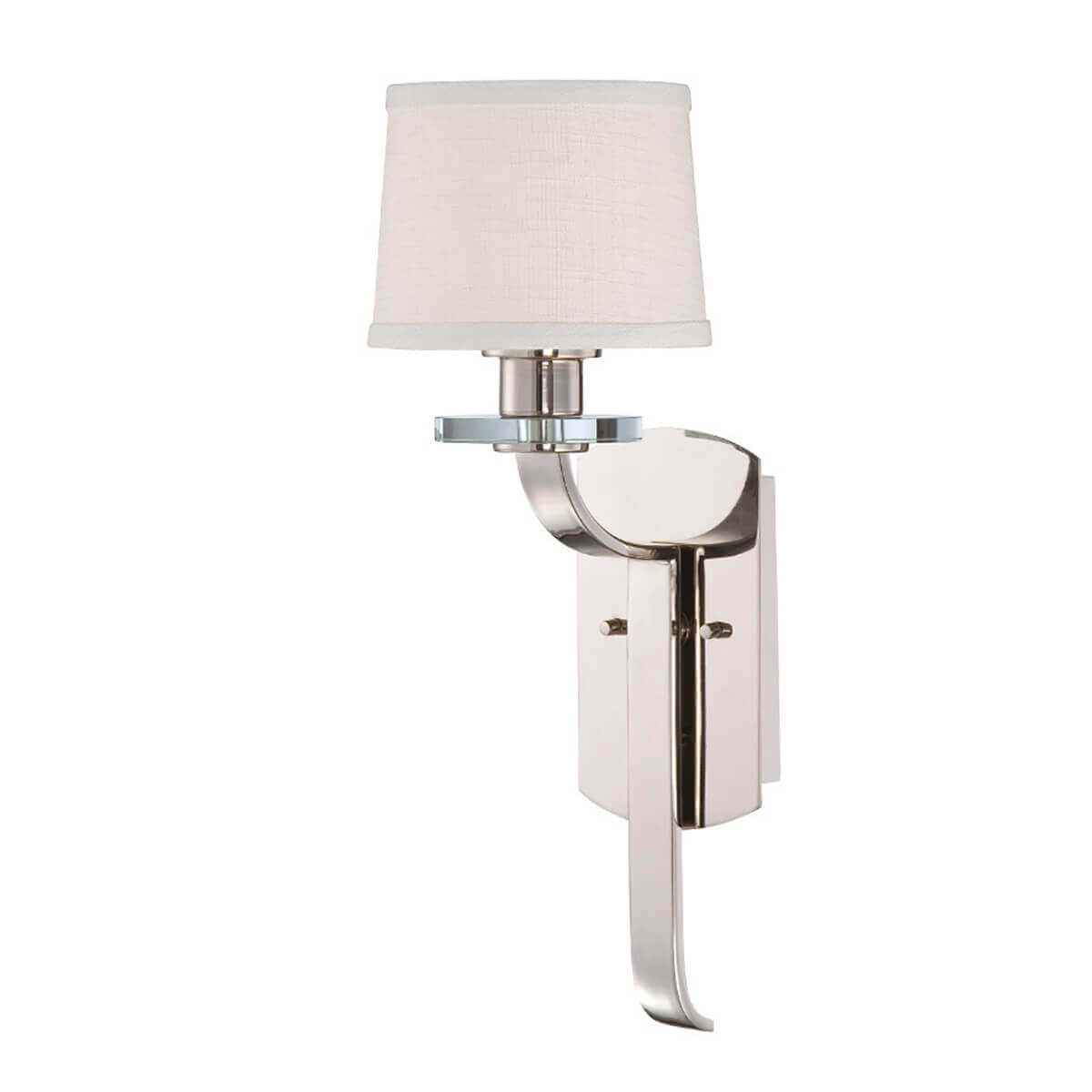 Vue de face du luminaire complet avec abat-jour en tissu blanc et bras métallique argenté