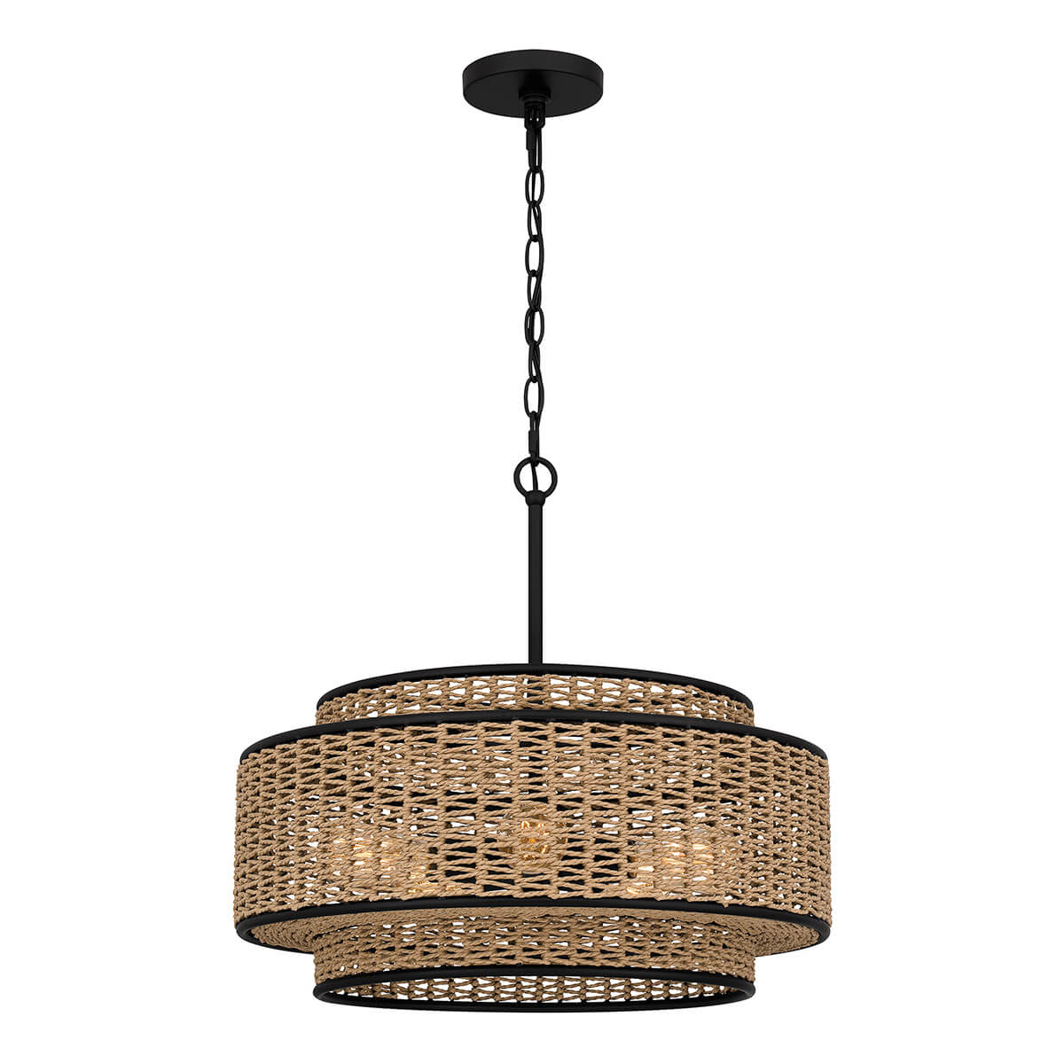 Suspension Teton 5 lumières noire mat et bois, corde