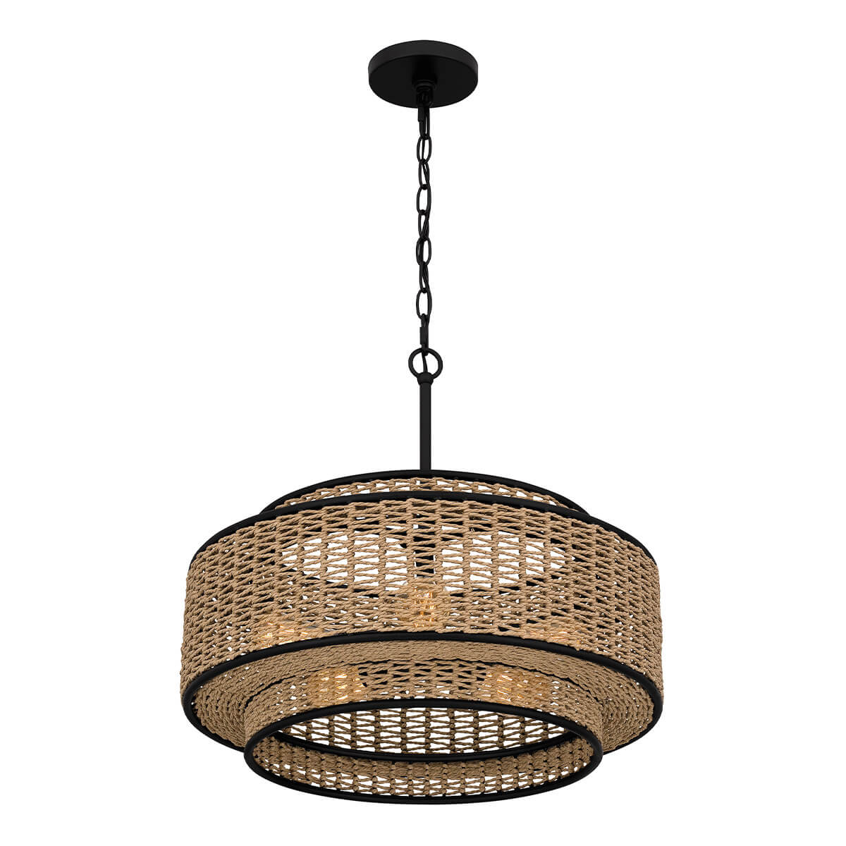 Suspension Teton 5 lumières noire mat et bois, corde