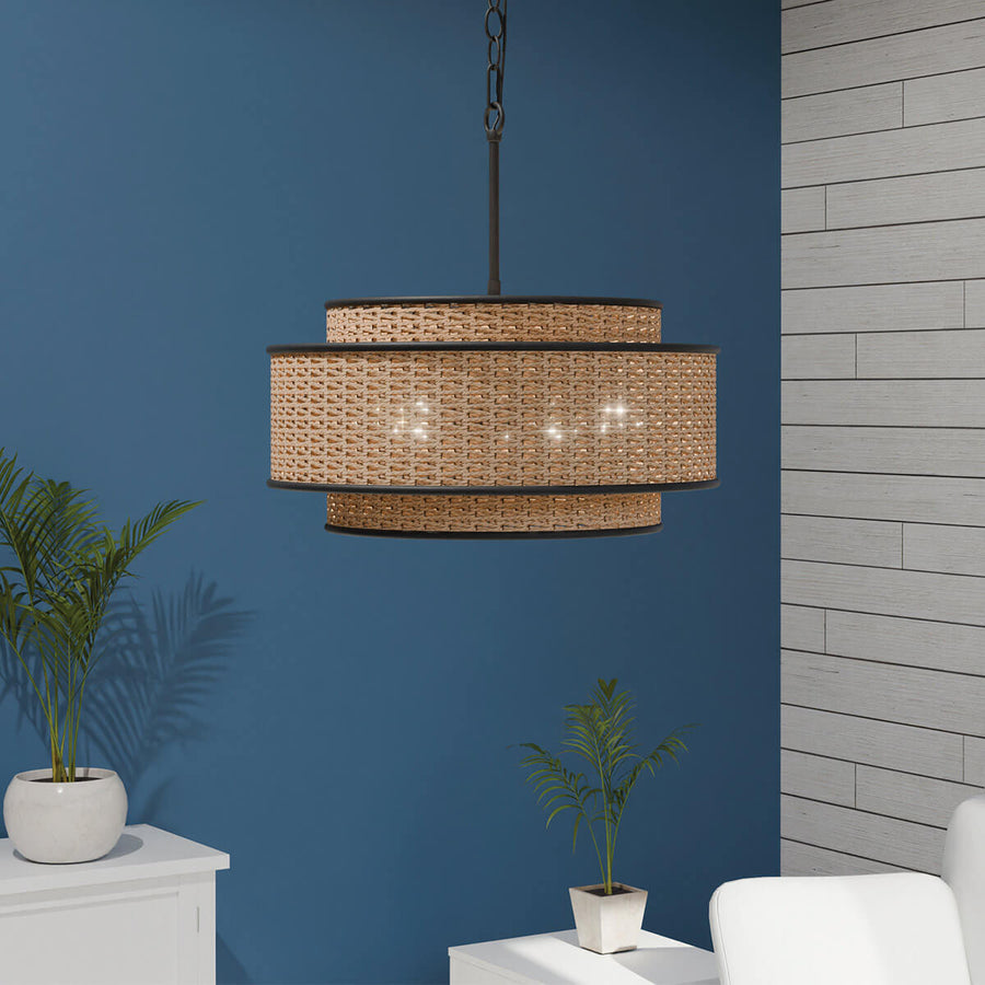 Suspension Teton 5 lumières noire mat et bois, corde