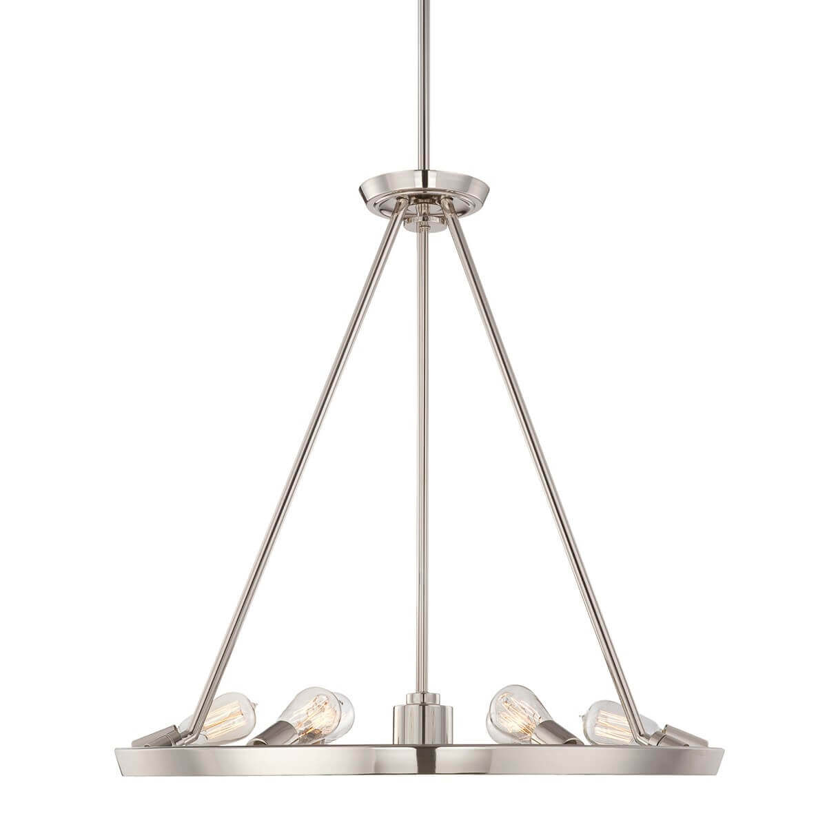 Lustre argenté à six lumières suspendu, vue de face sur fond blanc