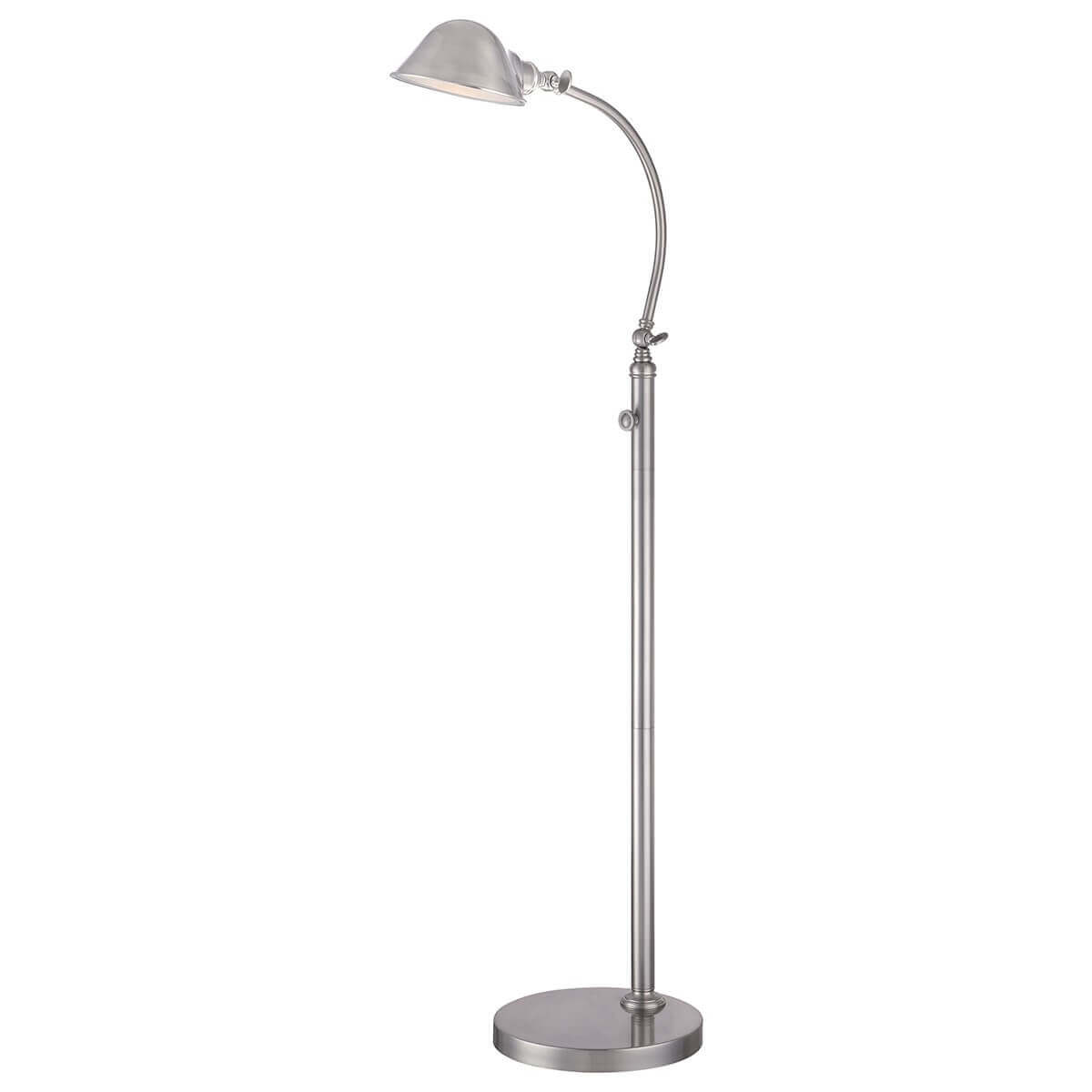 Lampadaire en nickel satiné vu de face, abat-jour conique et socle circulaire plat.