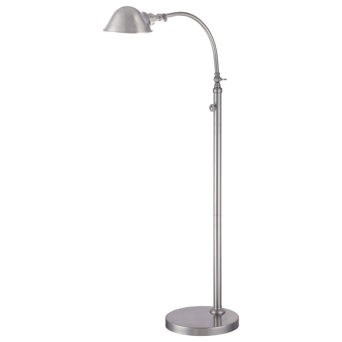 Profil du luminaire, détail de l'articulation et du pied rond en métal brossé.