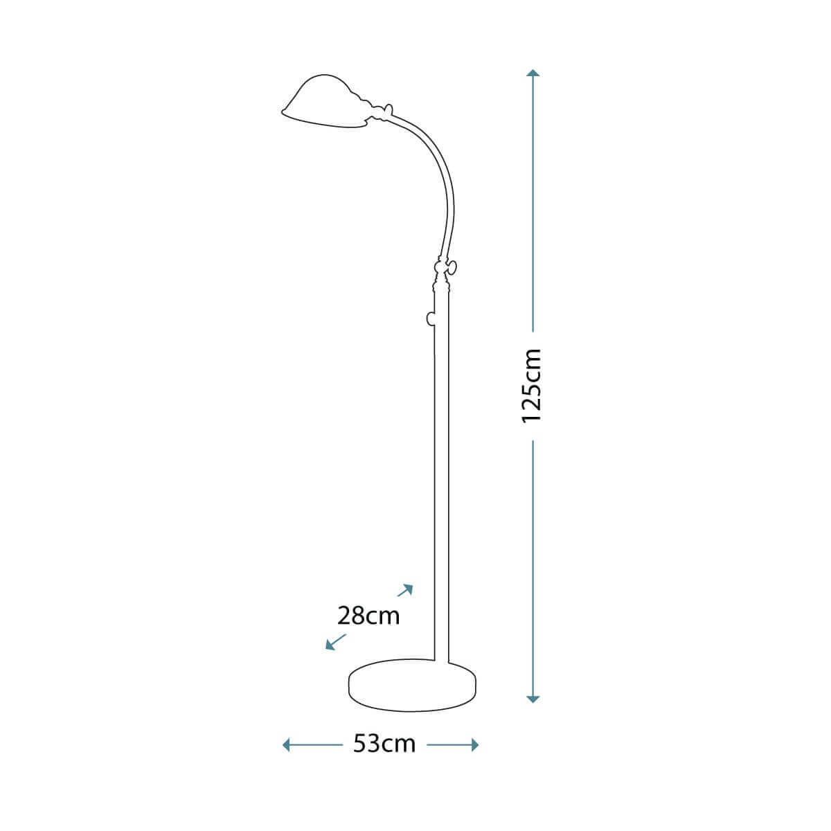Schéma coté du lampadaire : hauteur 125 cm, base 28 cm et 53 cm.