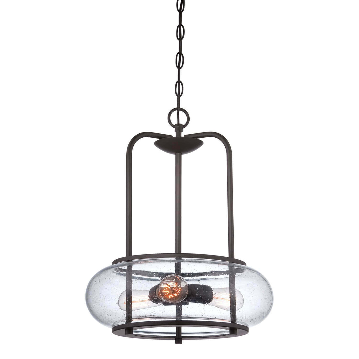 Vue de face d'une suspension en métal bronze avec abat-jour en verre transparent et trois ampoules
