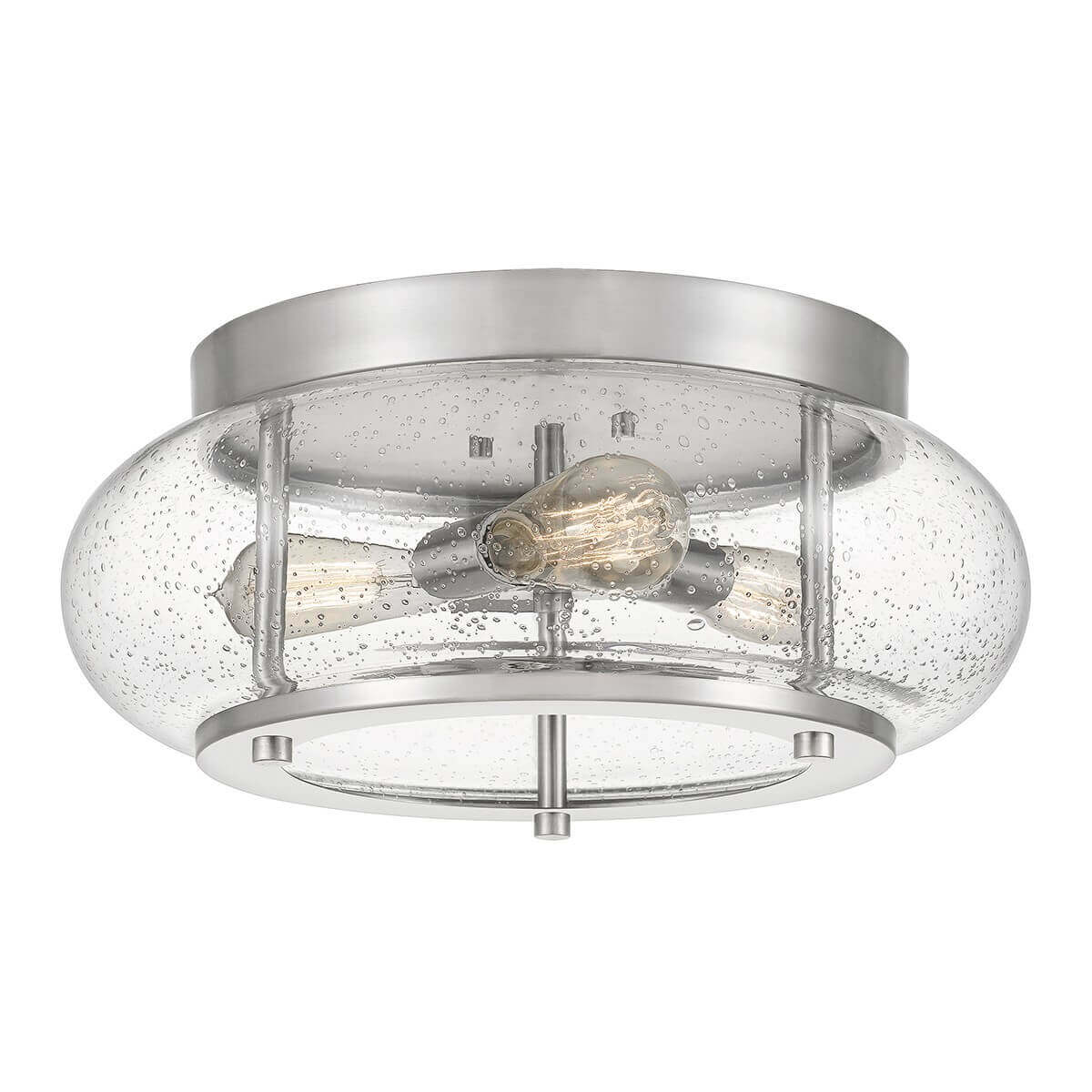 Plafonnier rond en métal nickel satiné avec verre graineux et trois ampoules visibles