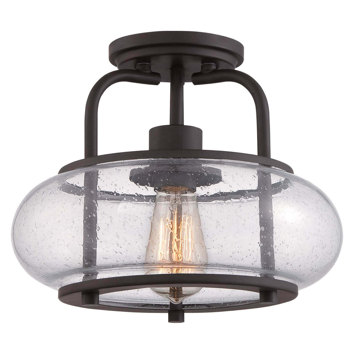 Vue de face du plafonnier en verre grenu, ampoule à filament allumée