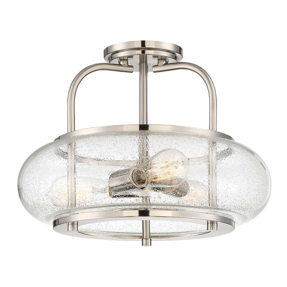 Plafonnier trois lumières vu de face, verre graine de verre et monture nickel satiné