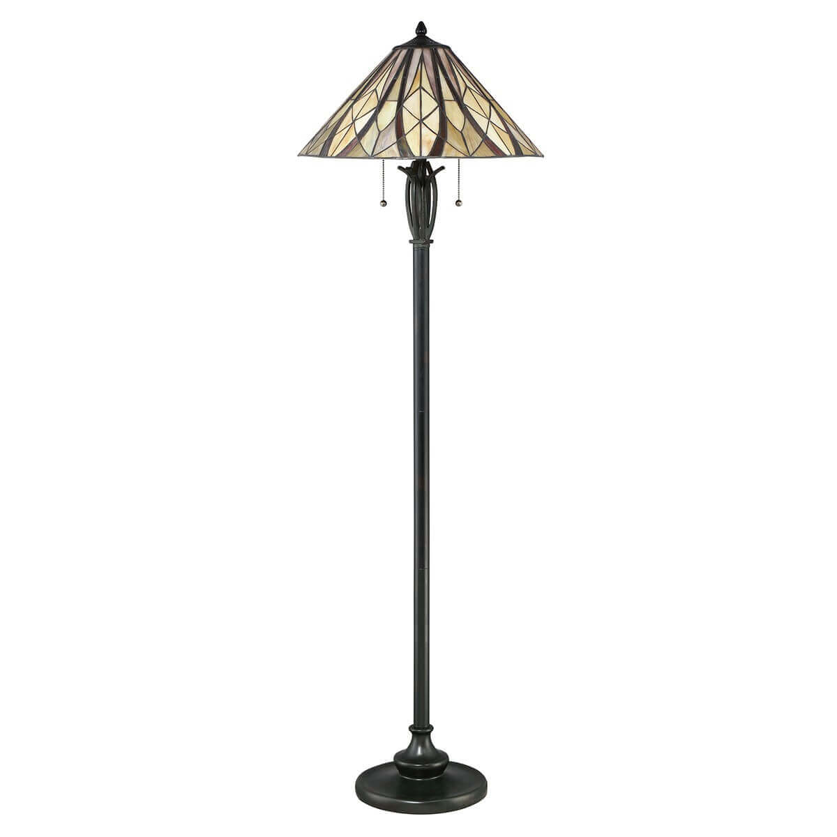 Vue frontale du lampadaire droit, tige métallique sombre et base ronde