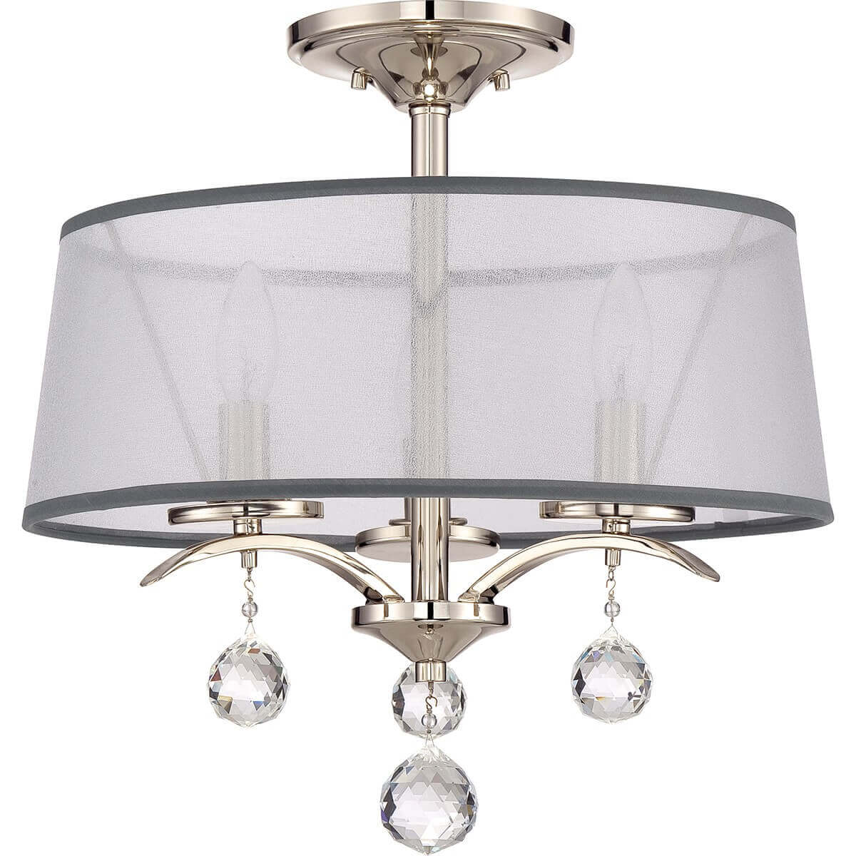 Plafonnier trois lumières vu de face, abat-jour tambour gris et pampilles cristal
