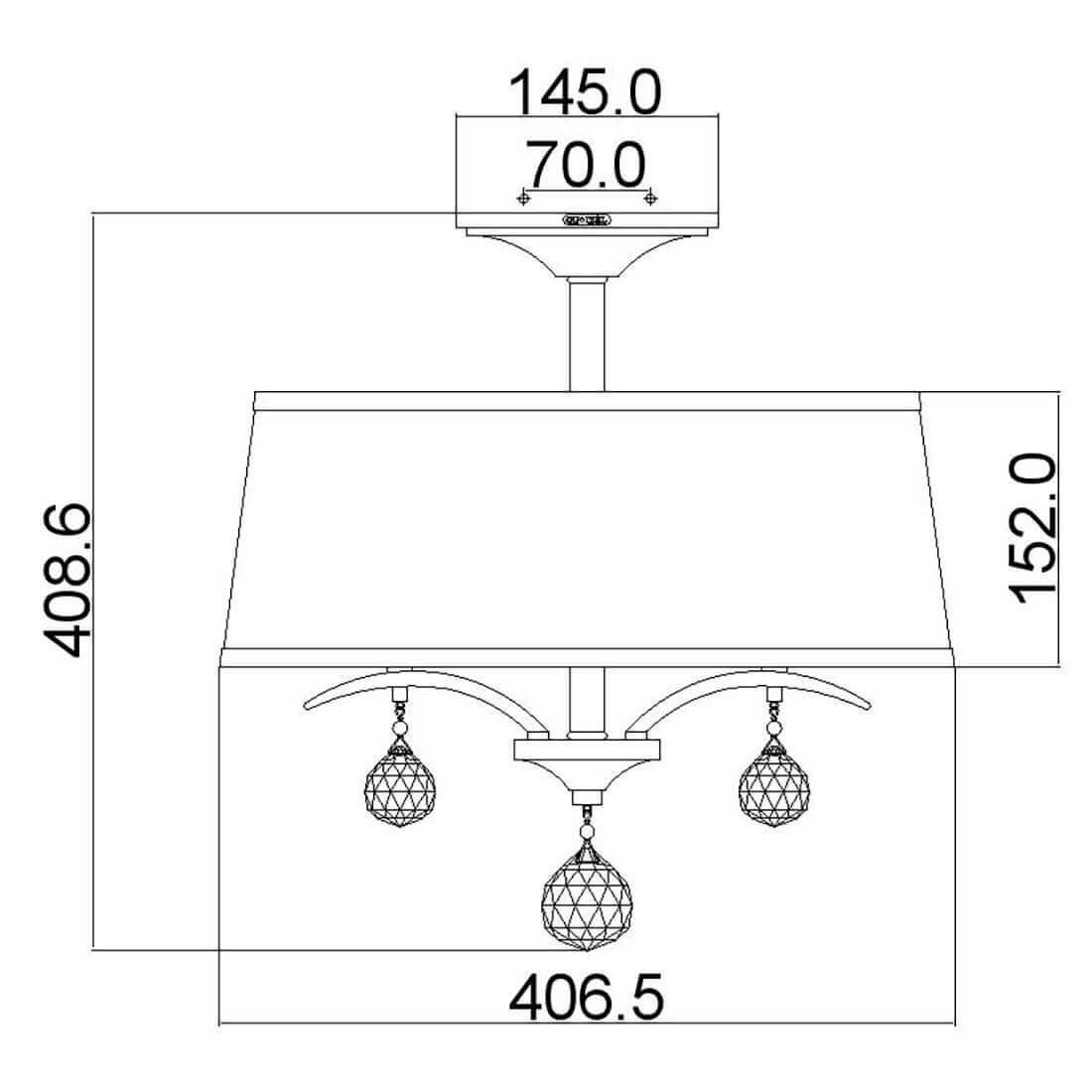 Schéma technique coté du luminaire avec hauteur, largeur et fixation plafond