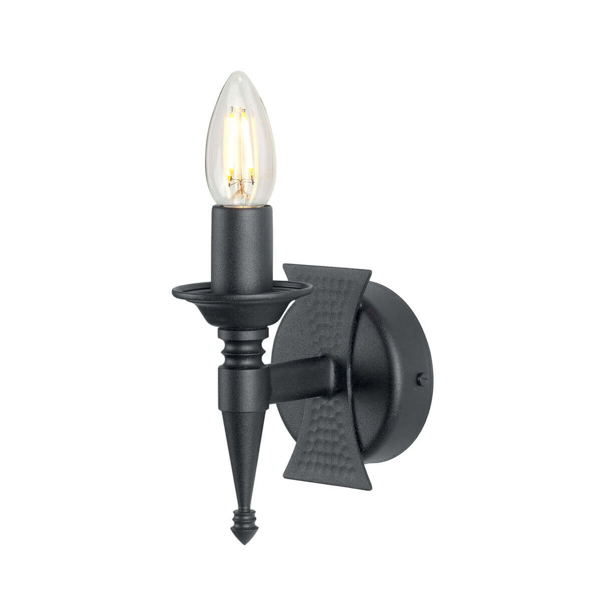Applique murale noire vue de trois quarts, bougie et bras sur platine ronde
