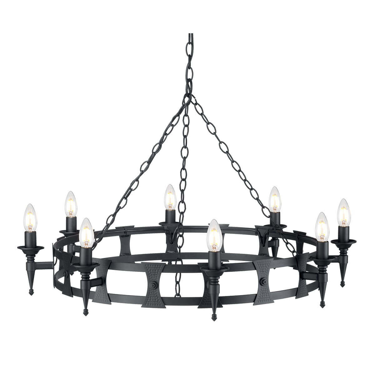Lustre noir huit lumières vu de face, structure circulaire en métal avec chaînes