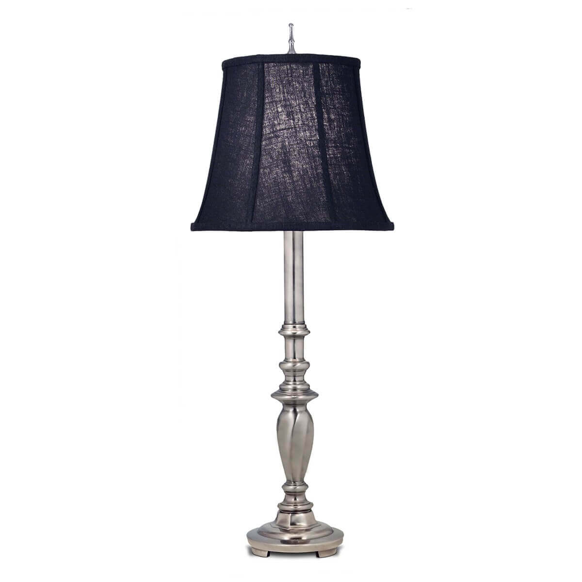 Lampe à poser en métal nickelé avec abat-jour noir en tissu, vue de face