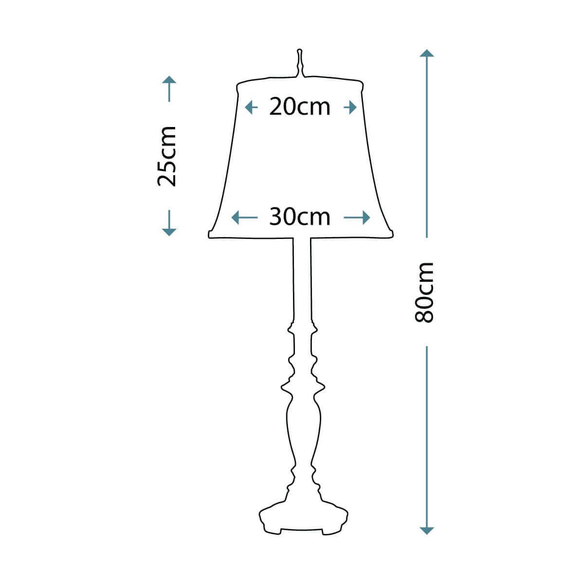 Schéma coté du luminaire : hauteur totale 80 cm, abat-jour 25 cm par 30 cm