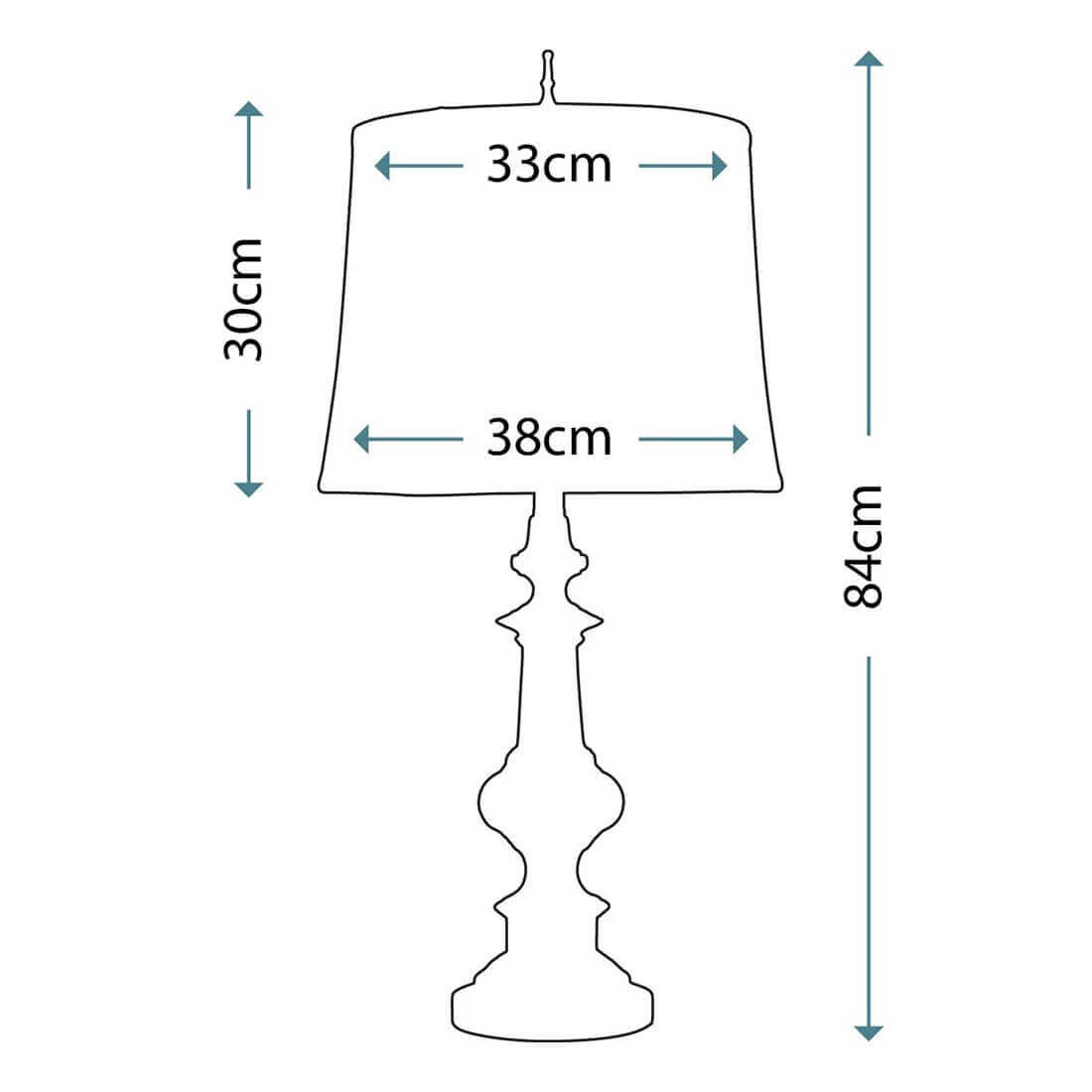 Schéma technique coté montrant 84 cm de hauteur totale et 30 cm d'abat-jour.