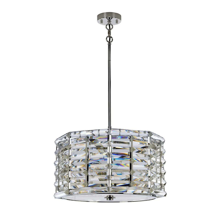 Vue d'ensemble du luminaire suspendu avec reflets irisés du cristal