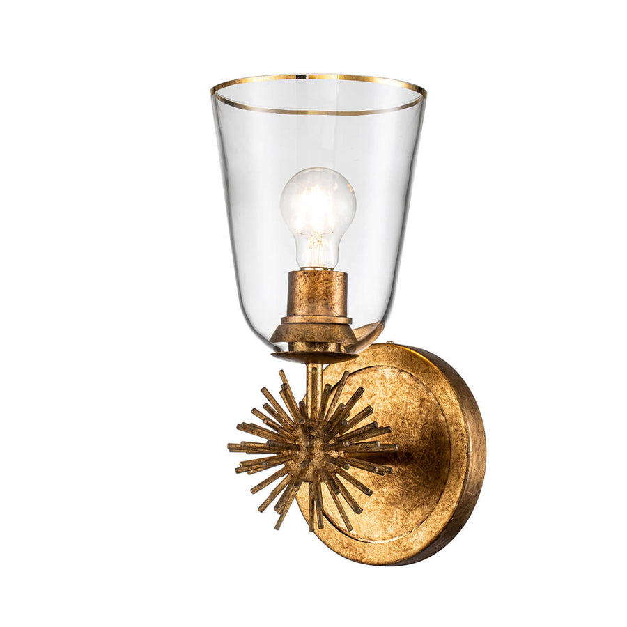 Applique murale dorée de face avec abat-jour conique en verre transparent et ampoule